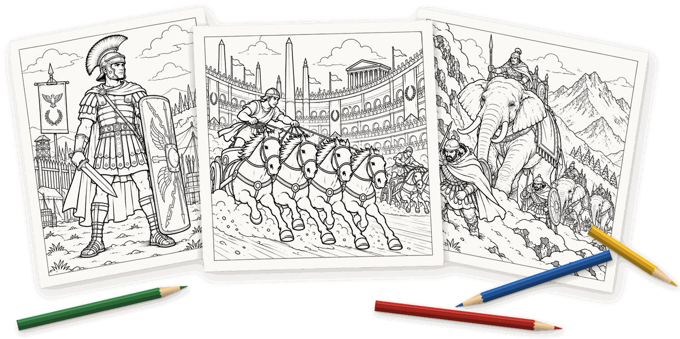 Three printable coloring sheets: a Roman soldier, the Colosseum, and a Viking ship