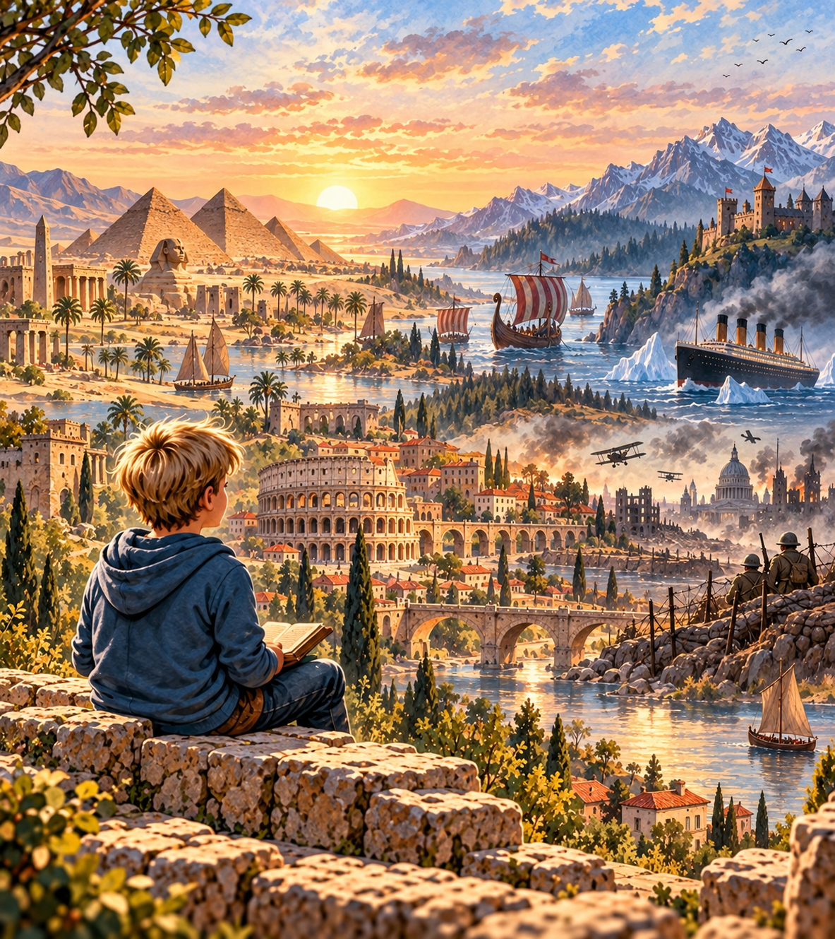 A young boy reading on an old stone wall, looking out over ancient Rome and the Colosseum